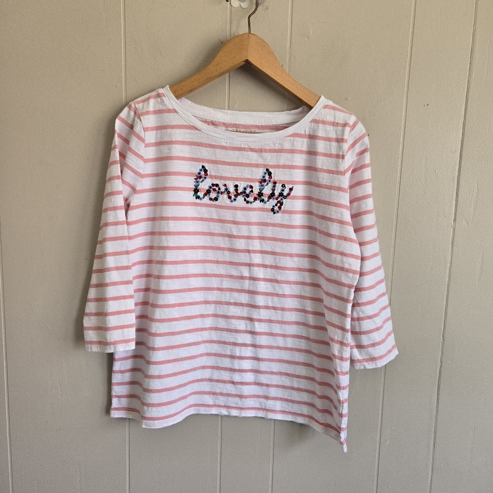 Talbots 'Lovely' Tee Shirt Top Pink Striped Embroidery 3/4 Sleeves Size L Petite - Picture 2 of 9